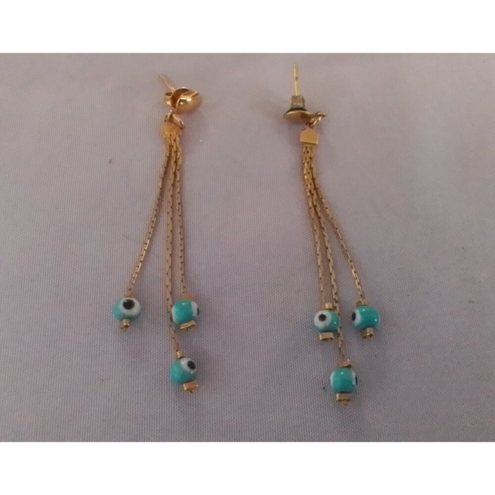 Vintage Gold Tone Dangle Earrings With Turquoise Beads & Evil Eye Charms